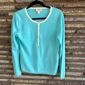 Talbots Aqua Blue Lambswool Blend White Trim Pullover Long Sleeve Sweater Size M